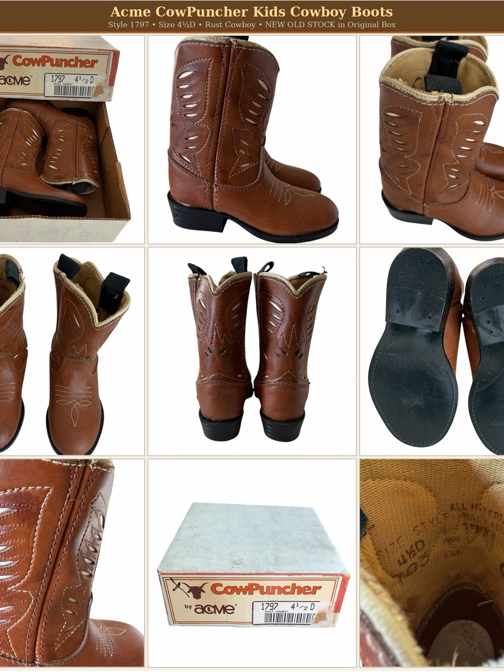 Vintage Acme CowPuncher Kids Cowboy Boots 4.5D NOS Original Box